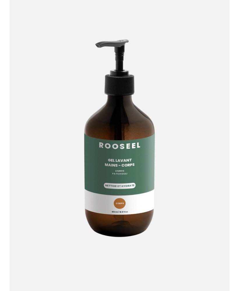 Gel lavant mains et corps ambre patchouli ROOSEEL - visuel packaging