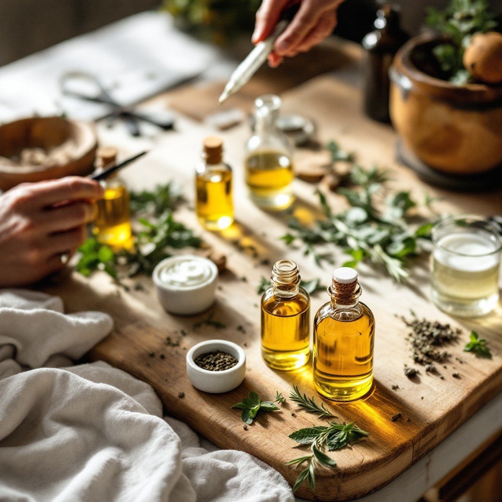 Plan de travail en bois avec des flacons d'huiles végétales, des herbes fraîches, de petits bols de crème et de graines, et des mains qui préparent une formule au compte-gouttes