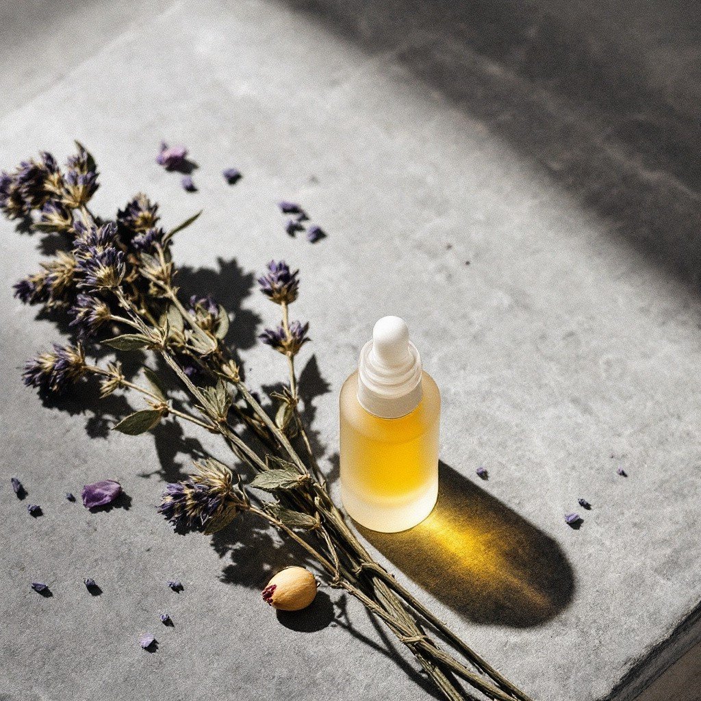 Flacon compte-gouttes d'huile dorée posé sur une pierre grise, à côté de brins de lavande séchée et de fleurs violettes